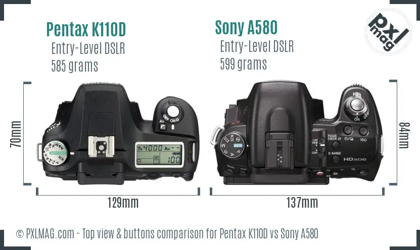 Pentax K110D vs Sony A580 top view buttons comparison