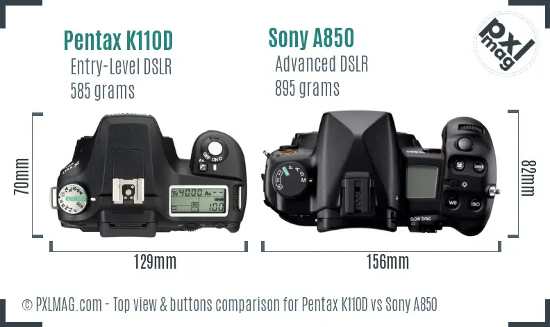 Pentax K110D vs Sony A850 top view buttons comparison Pentax K110D vs Sony A850 top view buttons comparison