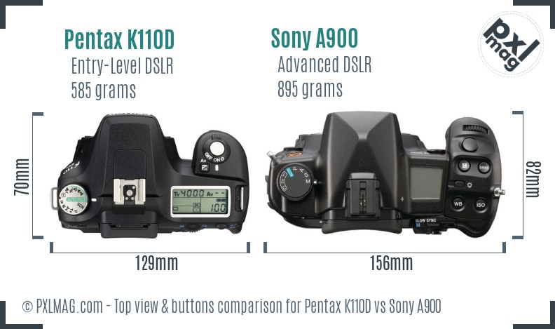 Pentax K110D vs Sony A900 top view buttons comparison