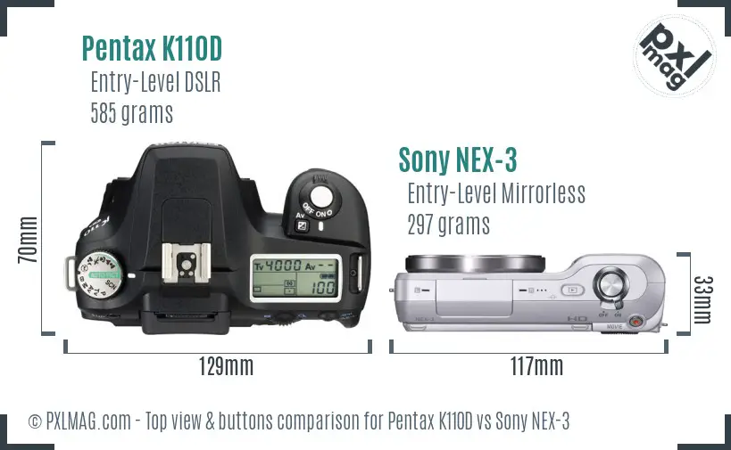 Pentax K110D vs Sony NEX-3 top view buttons comparison