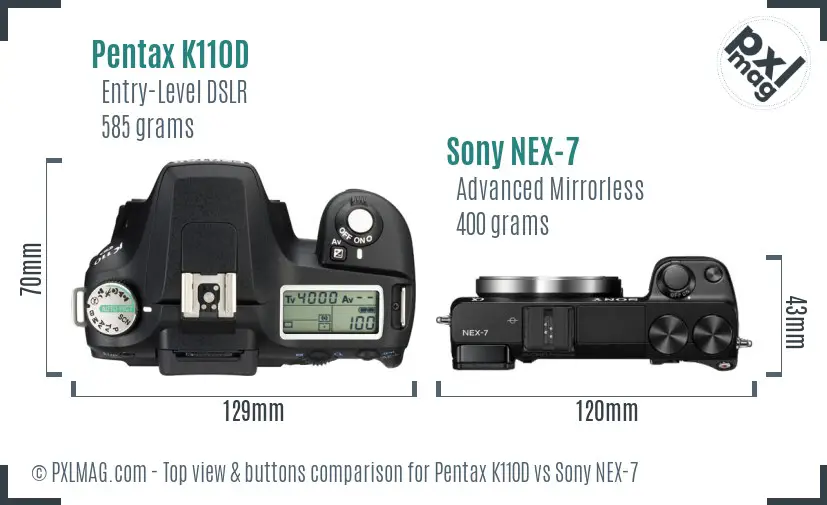 Pentax K110D vs Sony NEX-7 top view buttons comparison