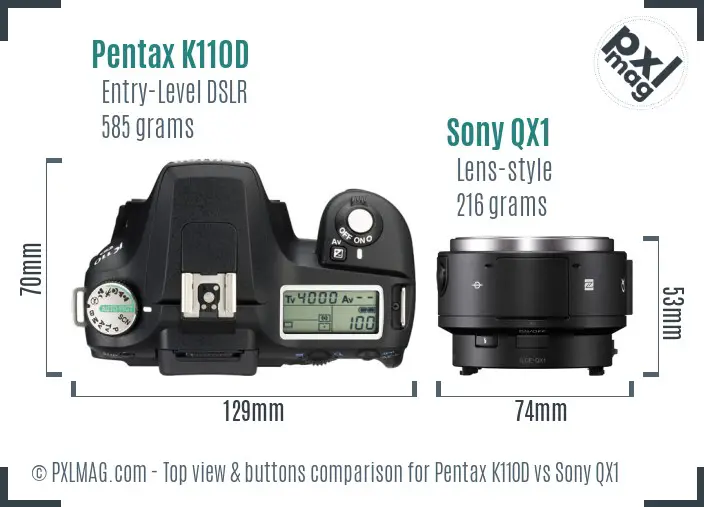 Pentax K110D vs Sony QX1 top view buttons comparison Pentax K110D vs Sony QX1 top view buttons comparison
