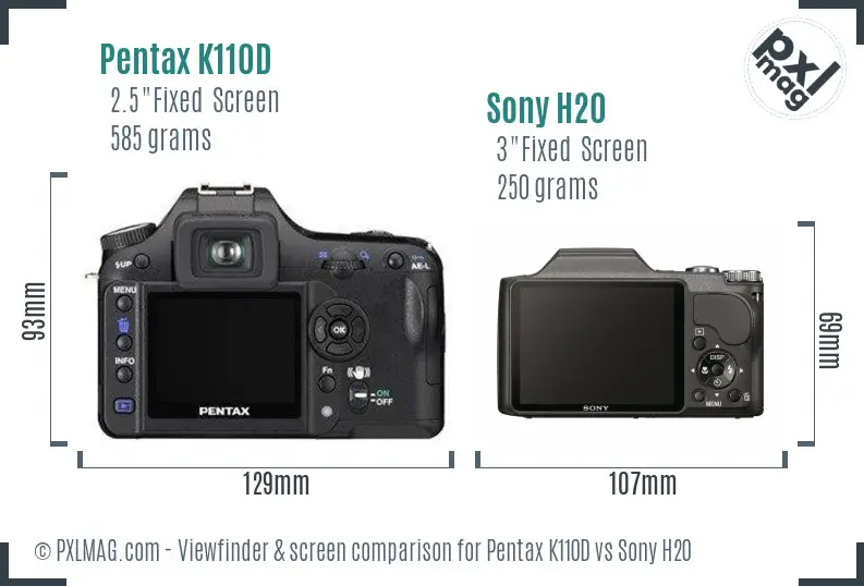 Pentax K110D vs Sony H20 Screen and Viewfinder comparison