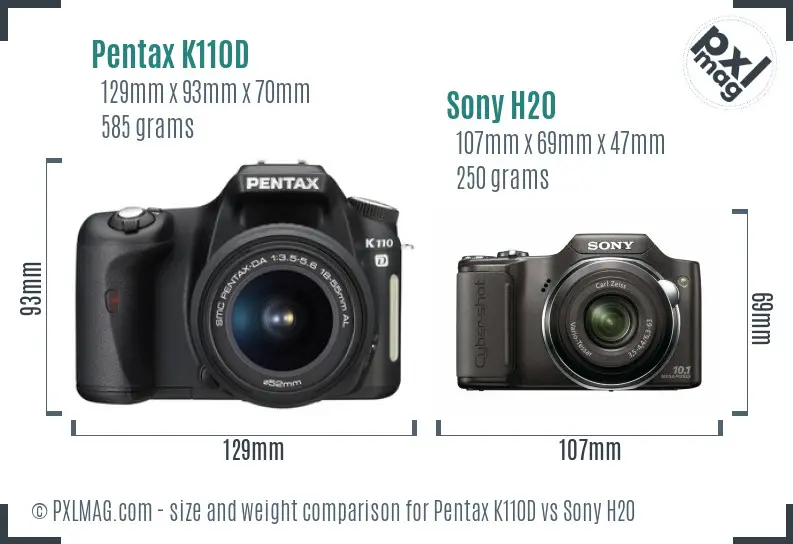 Pentax K110D vs Sony H20 size comparison