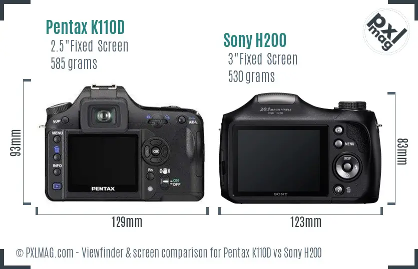 Pentax K110D vs Sony H200 Screen and Viewfinder comparison