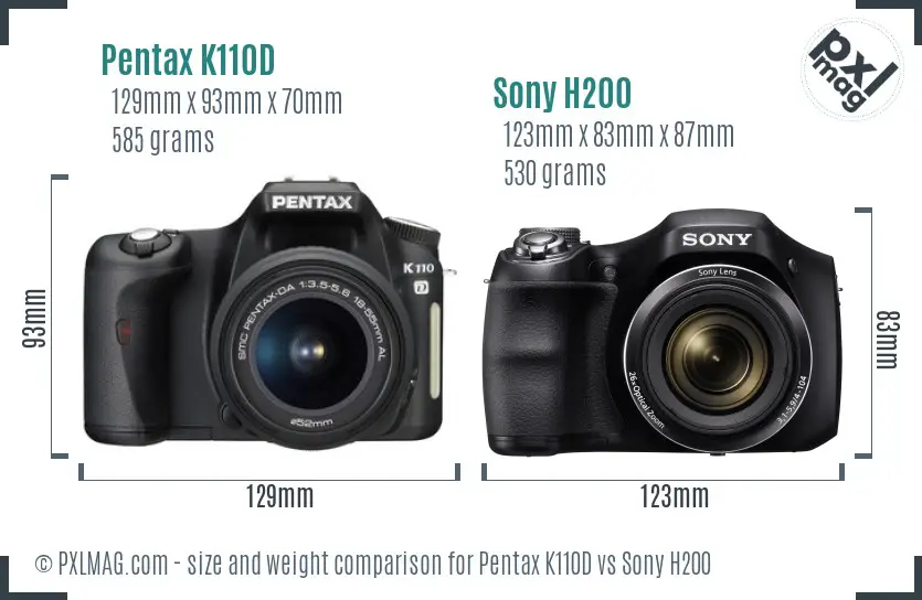 Pentax K110D vs Sony H200 size comparison