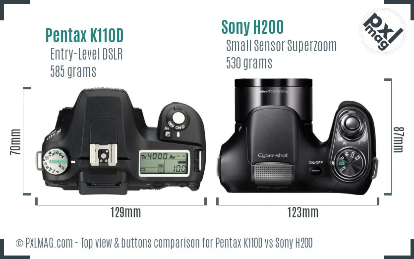 Pentax K110D vs Sony H200 top view buttons comparison