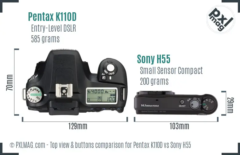 Pentax K110D vs Sony H55 top view buttons comparison Pentax K110D vs Sony H55 top view buttons comparison
