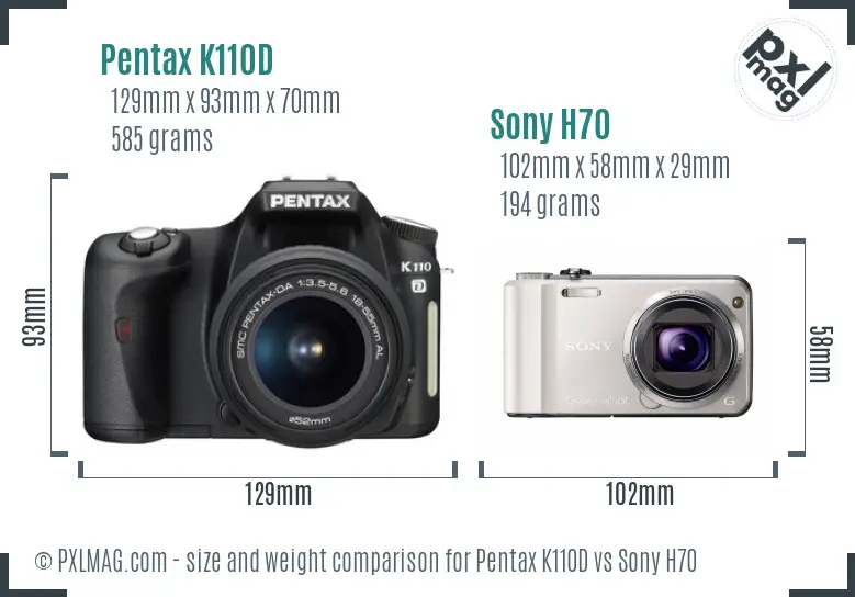 Pentax K110D vs Sony H70 size comparison