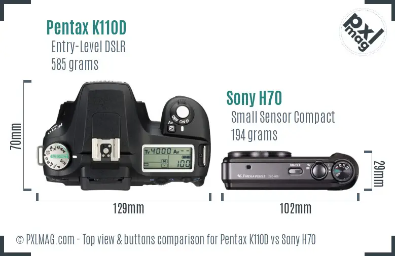 Pentax K110D vs Sony H70 top view buttons comparison