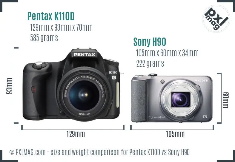Pentax K110D vs Sony H90 size comparison