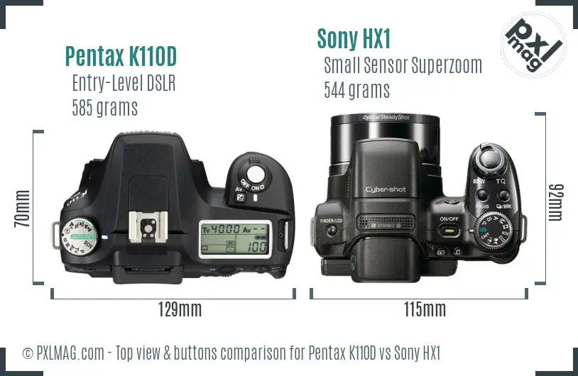 Pentax K110D vs Sony HX1 top view buttons comparison