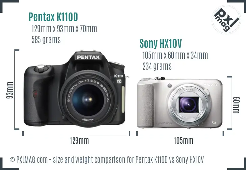 Pentax K110D vs Sony HX10V size comparison Pentax K110D vs Sony HX10V size comparison