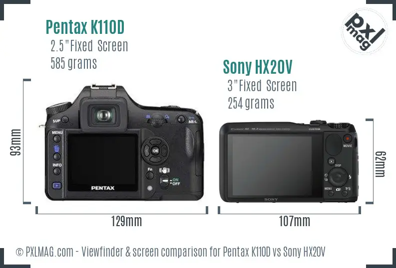 Pentax K110D vs Sony HX20V Screen and Viewfinder comparison