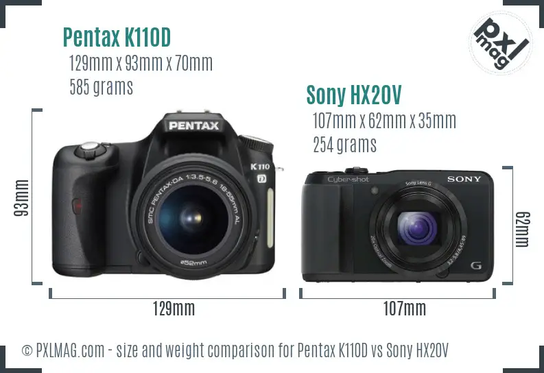 Pentax K110D vs Sony HX20V size comparison