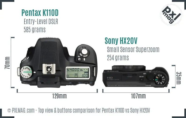 Pentax K110D vs Sony HX20V top view buttons comparison