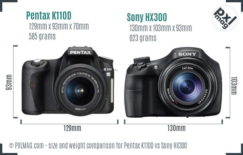 Pentax K110D vs Sony HX300 size comparison