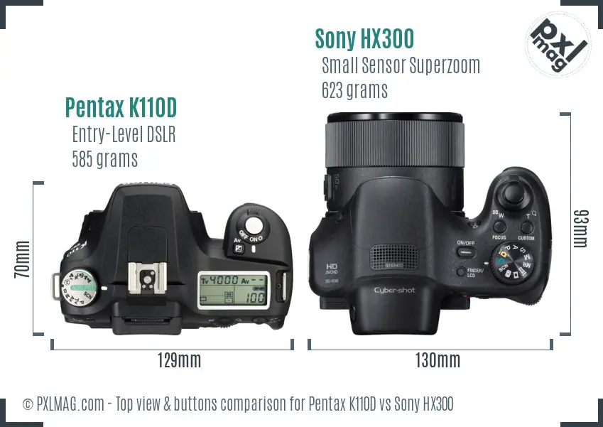 Pentax K110D vs Sony HX300 top view buttons comparison