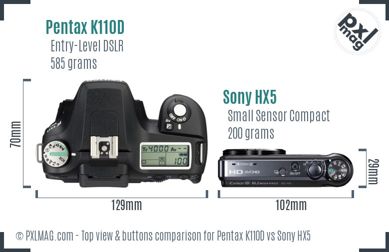 Pentax K110D vs Sony HX5 top view buttons comparison