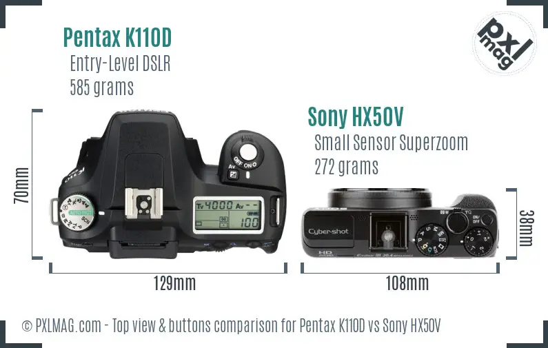 Pentax K110D vs Sony HX50V top view buttons comparison