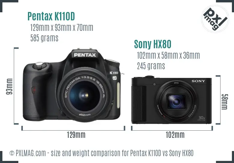 Pentax K110D vs Sony HX80 size comparison