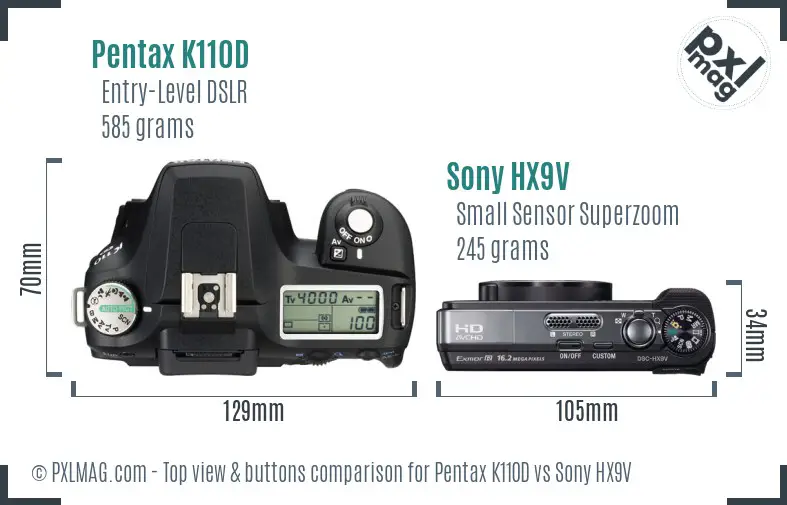 Pentax K110D vs Sony HX9V top view buttons comparison