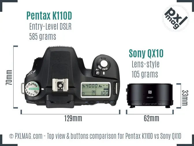 Pentax K110D vs Sony QX10 top view buttons comparison Pentax K110D vs Sony QX10 top view buttons comparison