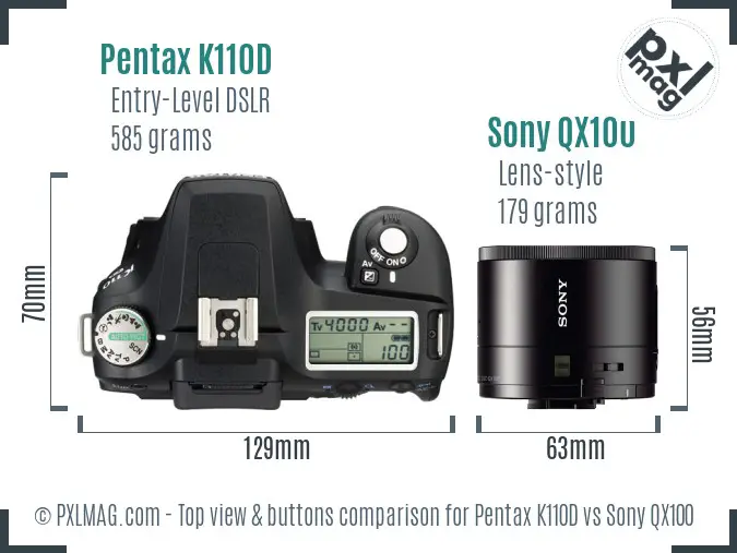 Pentax K110D vs Sony QX100 top view buttons comparison