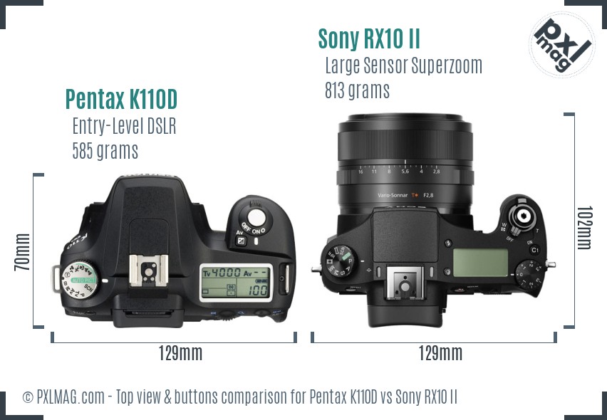 Pentax K110D vs Sony RX10 II top view buttons comparison