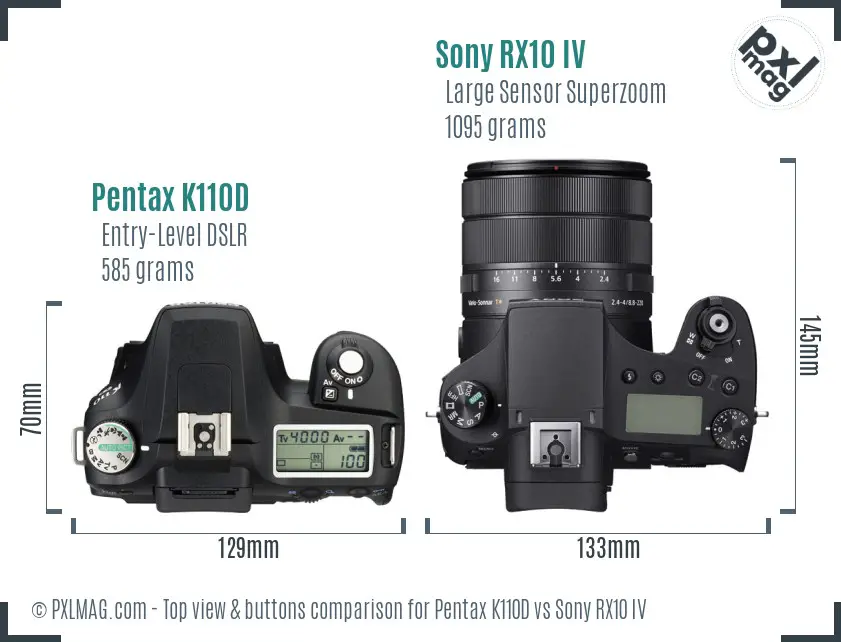 Pentax K110D vs Sony RX10 IV top view buttons comparison Pentax K110D vs Sony RX10 IV top view buttons comparison