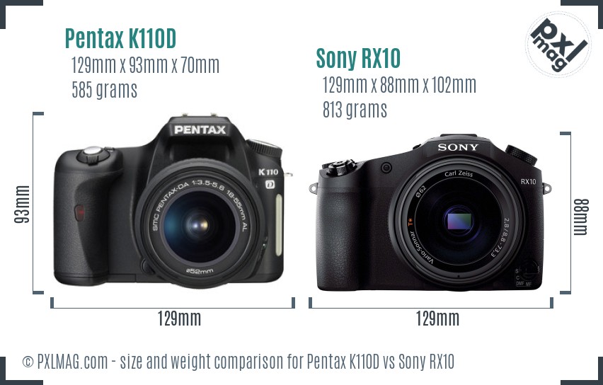 Pentax K110D vs Sony RX10 size comparison