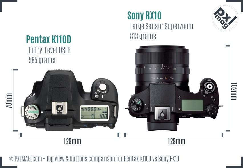 Pentax K110D vs Sony RX10 top view buttons comparison