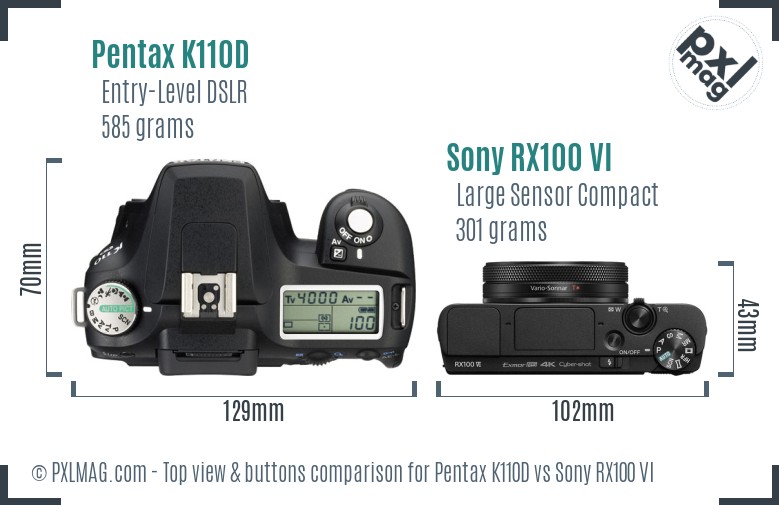 Pentax K110D vs Sony RX100 VI top view buttons comparison