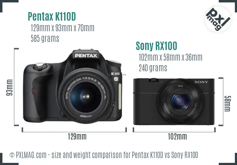 Pentax K110D vs Sony RX100 size comparison