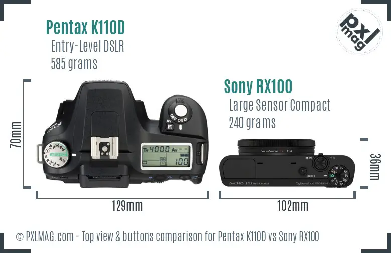 Pentax K110D vs Sony RX100 top view buttons comparison