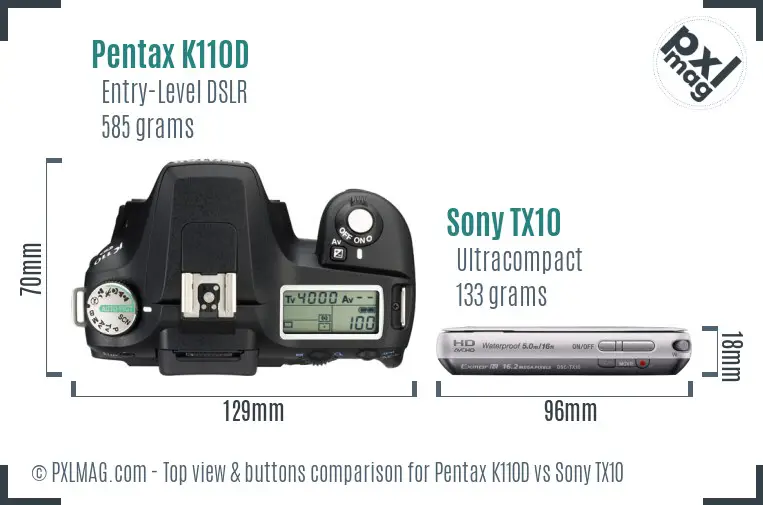 Pentax K110D vs Sony TX10 top view buttons comparison