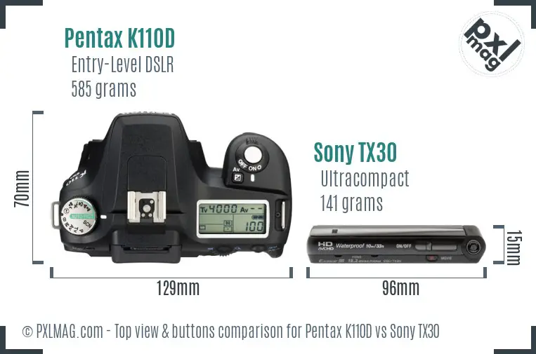 Pentax K110D vs Sony TX30 top view buttons comparison