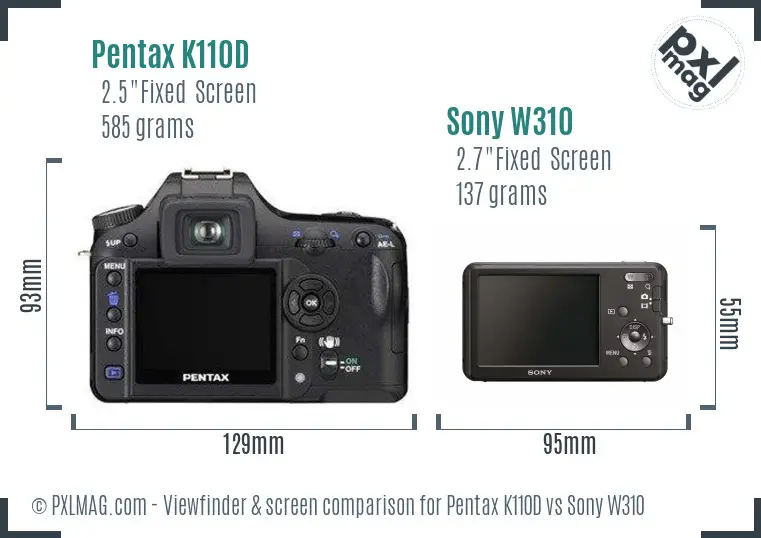 Pentax K110D vs Sony W310 Screen and Viewfinder comparison