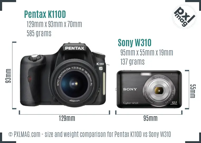 Pentax K110D vs Sony W310 size comparison