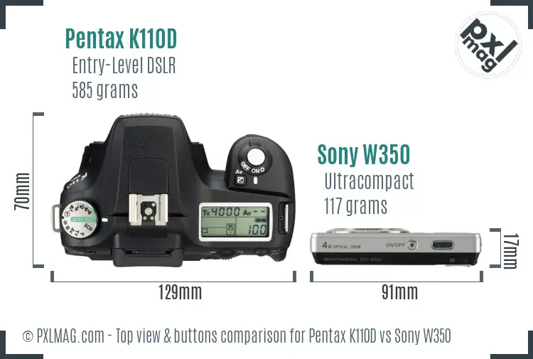 Pentax K110D vs Sony W350 top view buttons comparison