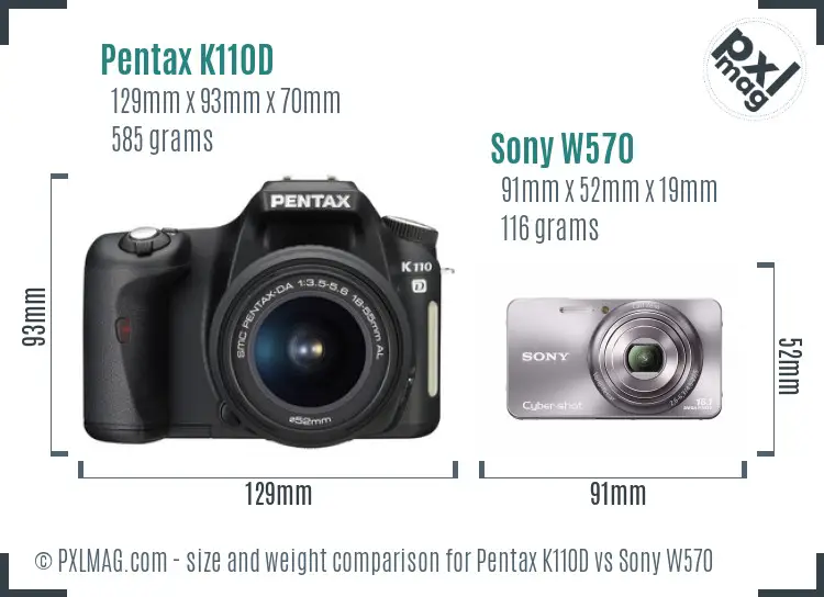 Pentax K110D vs Sony W570 size comparison