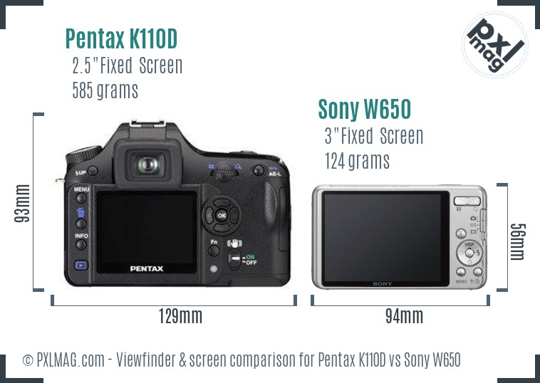 Pentax K110D vs Sony W650 Screen and Viewfinder comparison