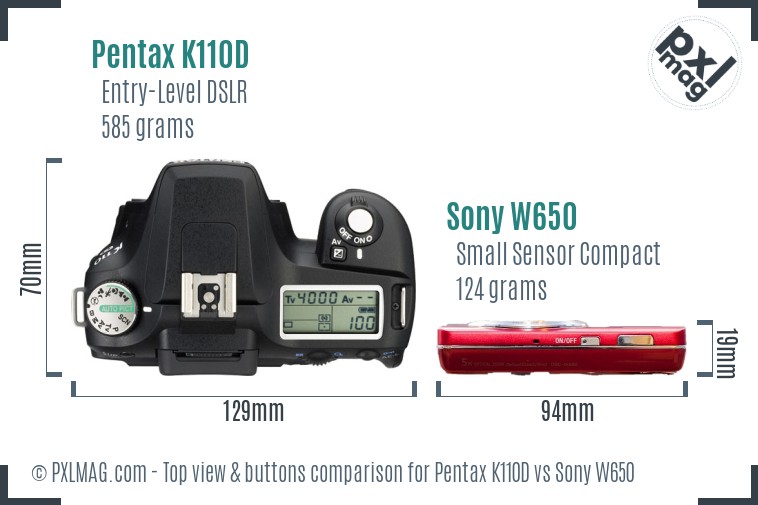 Pentax K110D vs Sony W650 top view buttons comparison