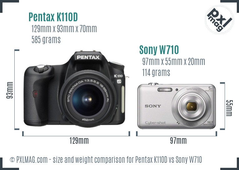 Pentax K110D vs Sony W710 size comparison