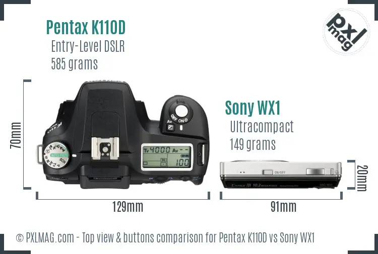 Pentax K110D vs Sony WX1 top view buttons comparison