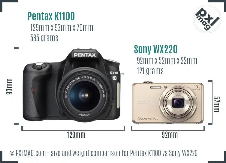 Pentax K110D vs Sony WX220 size comparison