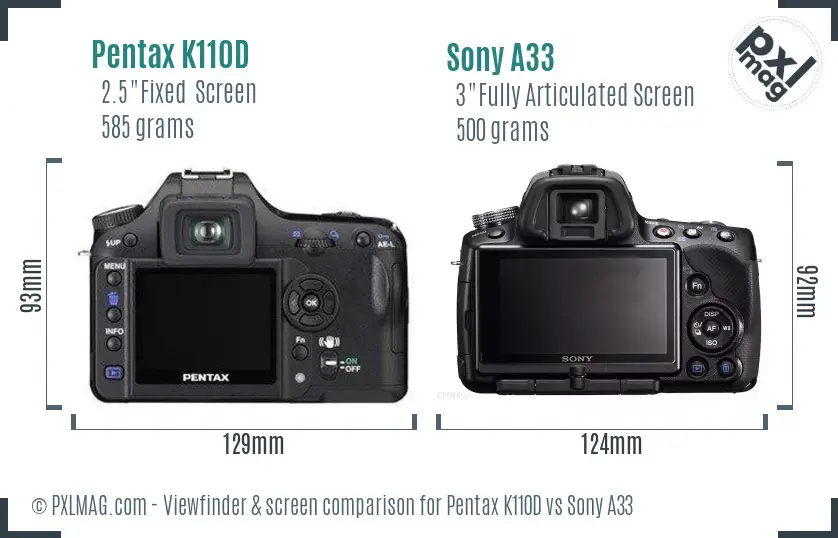 Pentax K110D vs Sony A33 Screen and Viewfinder comparison