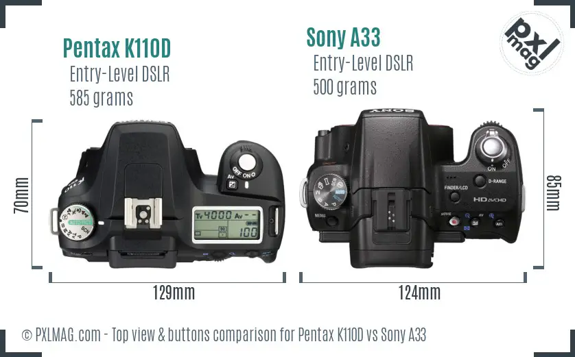 Pentax K110D vs Sony A33 top view buttons comparison