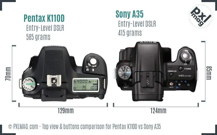 Pentax K110D vs Sony A35 top view buttons comparison