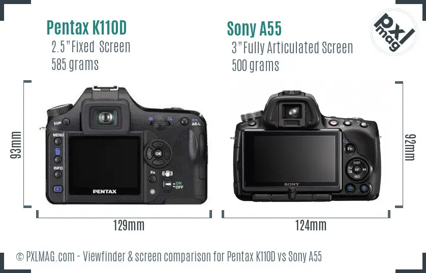 Pentax K110D vs Sony A55 Screen and Viewfinder comparison
